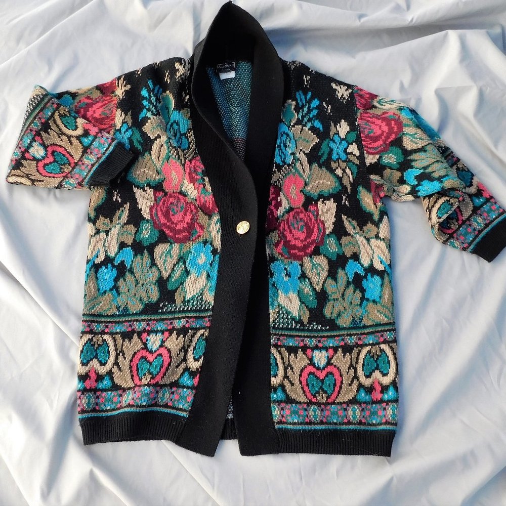 BOHO 70's Hippie open front acrylic sweater, Peach,teal,beige with black trim